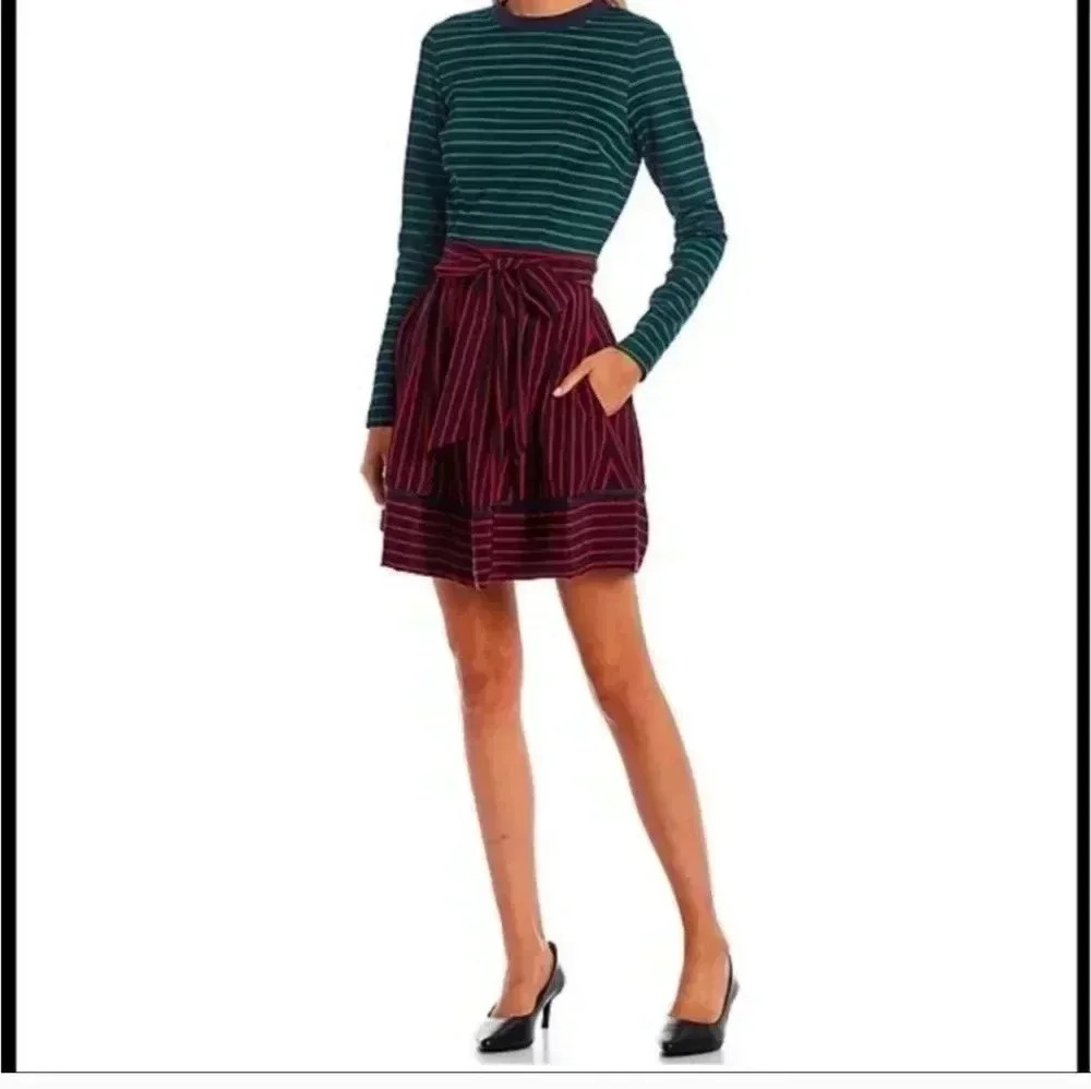 LDT Faye Long Sleeve Crew Neck Striped Tie Front A-Line Dress(4)NWT